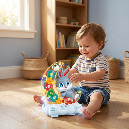 Light-Up Moon Bunny Toy – Transparent Gear Design with Music & LED Lights