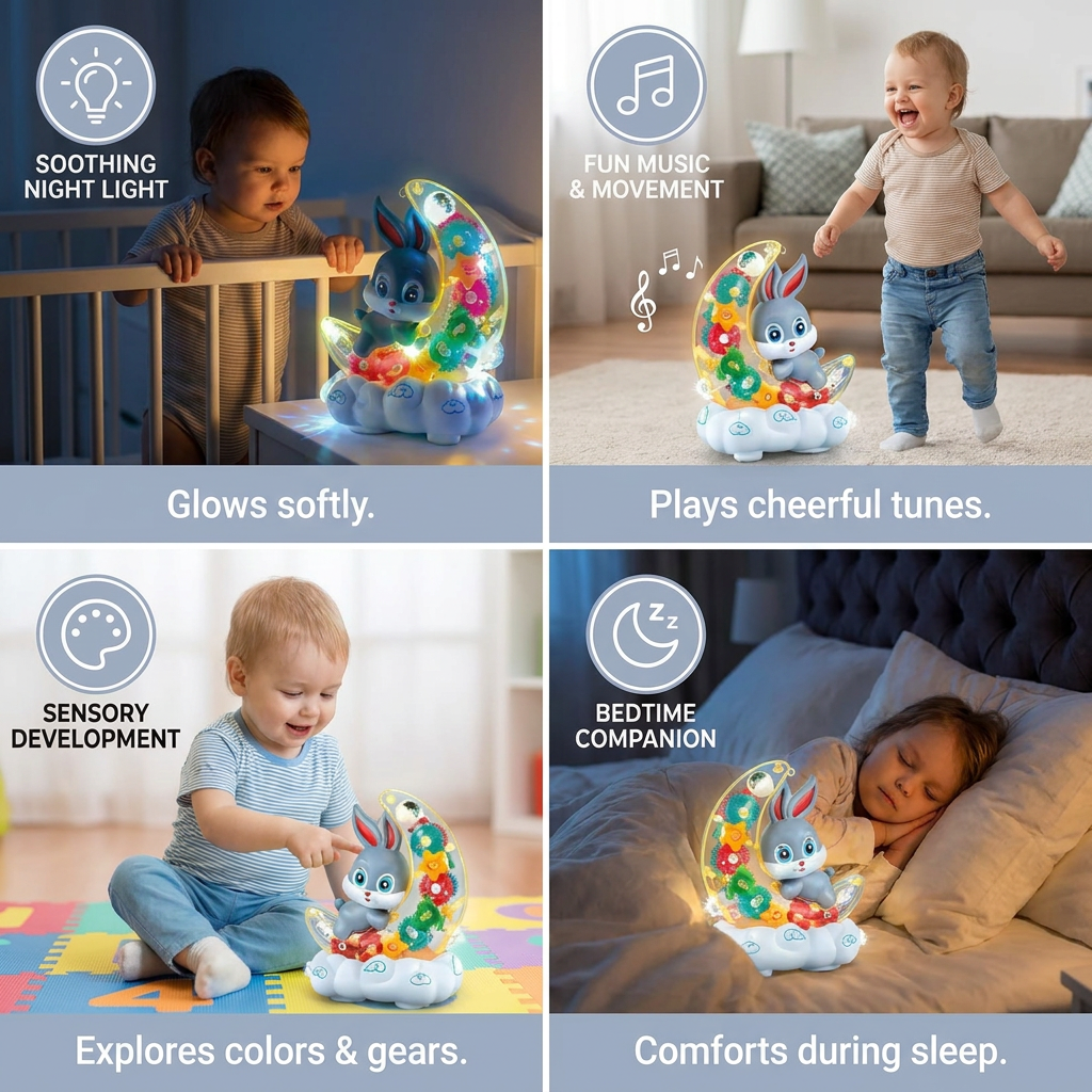 Light-Up Moon Bunny Toy – Transparent Gear Design with Music & LED Lights