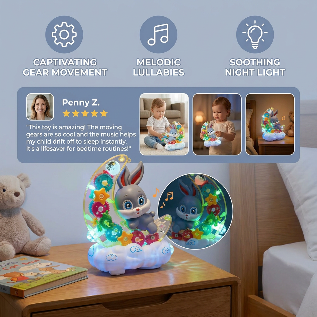 Light-Up Moon Bunny Toy – Transparent Gear Design with Music & LED Lights
