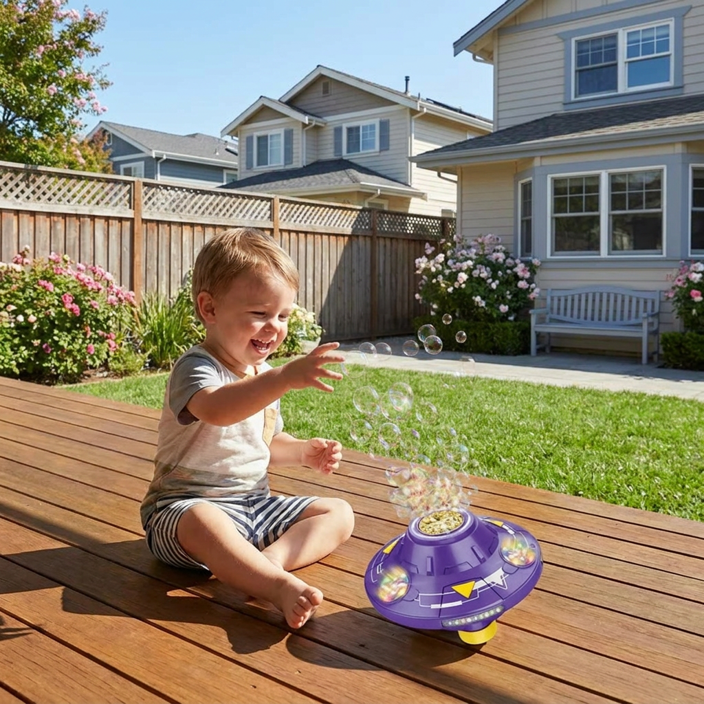 Light-Up UFO Bubble Machine for Kids – Rechargeable Spinning Bubble Blaster with LED Effects