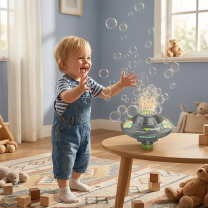 Light-Up UFO Bubble Machine for Kids – Rechargeable Spinning Bubble Blaster with LED Effects