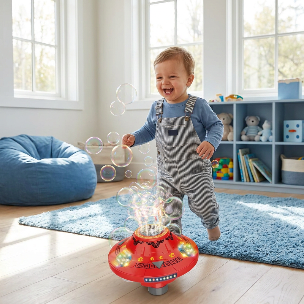 Light-Up UFO Bubble Machine for Kids – Rechargeable Spinning Bubble Blaster with LED Effects