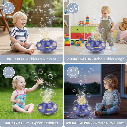 Light-Up UFO Bubble Machine for Kids – Rechargeable Spinning Bubble Blaster with LED Effects