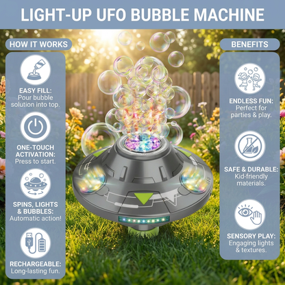 Light-Up UFO Bubble Machine for Kids – Rechargeable Spinning Bubble Blaster with LED Effects