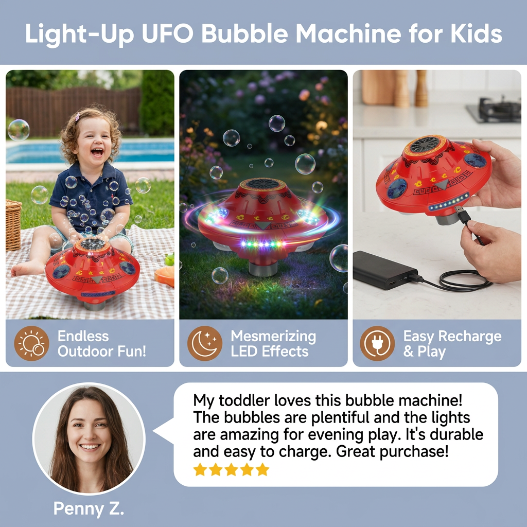 Light-Up UFO Bubble Machine for Kids – Rechargeable Spinning Bubble Blaster with LED Effects