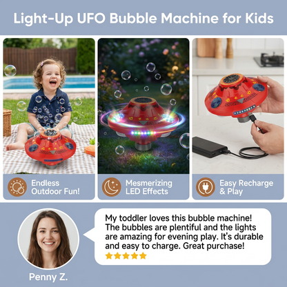 Light-Up UFO Bubble Machine for Kids – Rechargeable Spinning Bubble Blaster with LED Effects