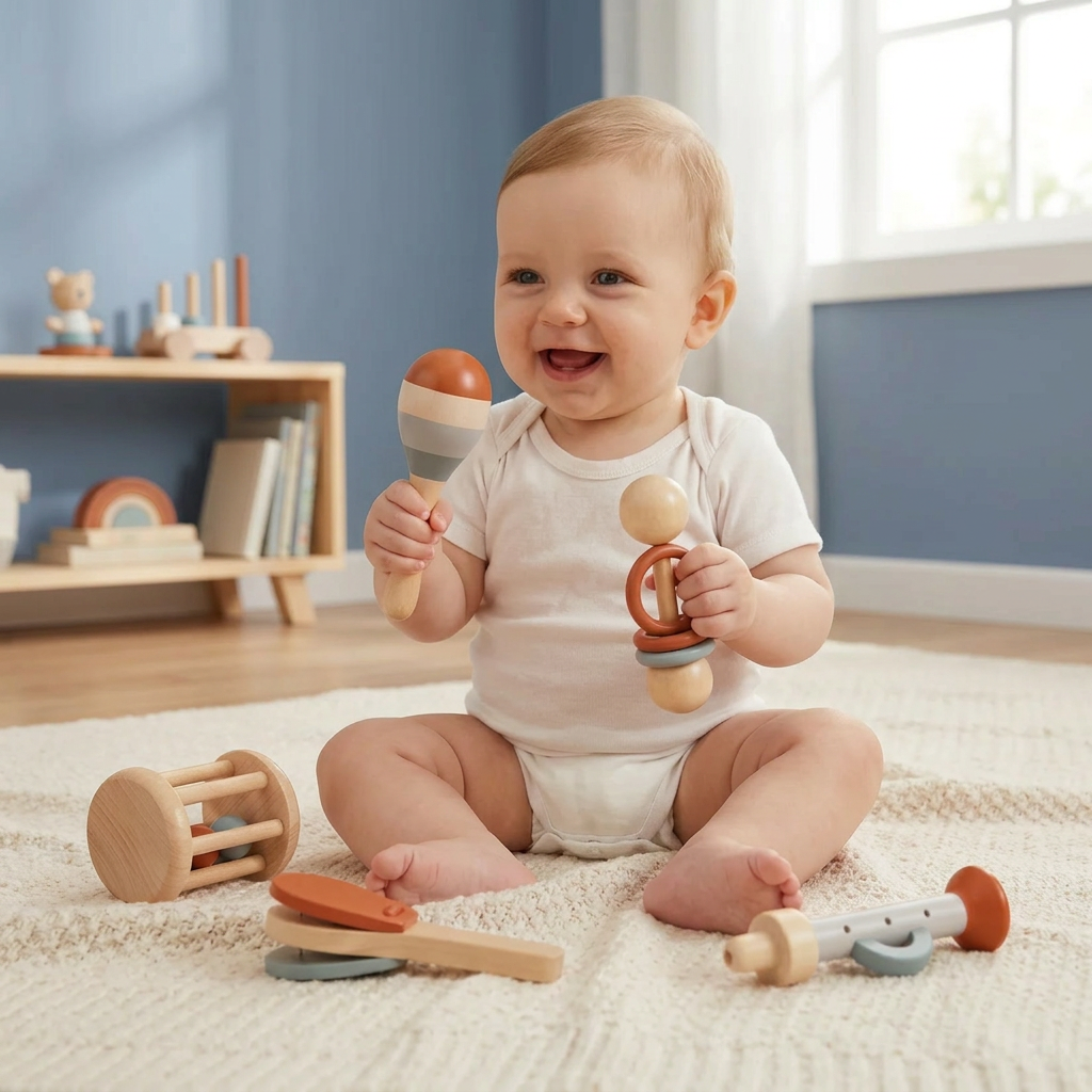 Montessori Wooden Baby Music Set – 5-Piece Sensory Rattle Toy Collection