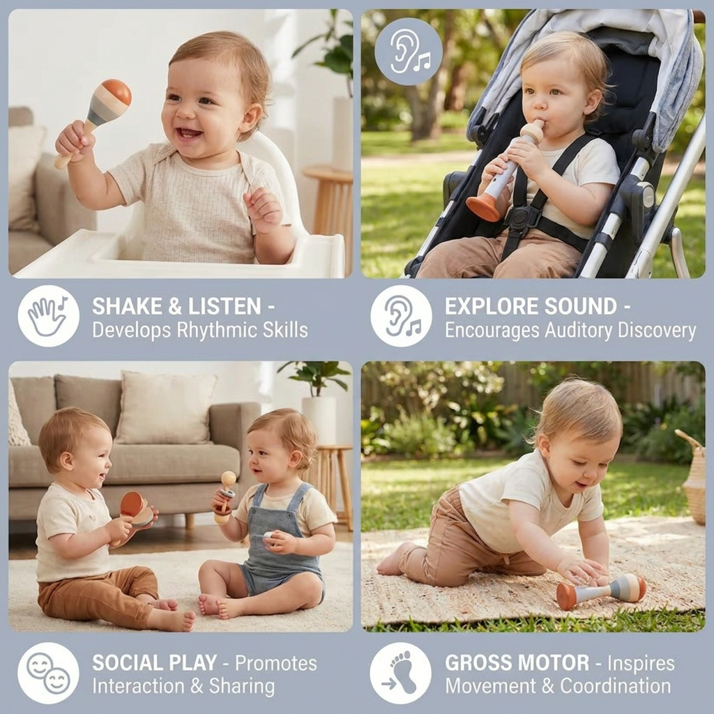 Montessori Wooden Baby Music Set – 5-Piece Sensory Rattle Toy Collection