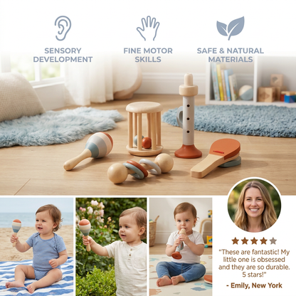 Montessori Wooden Baby Music Set – 5-Piece Sensory Rattle Toy Collection