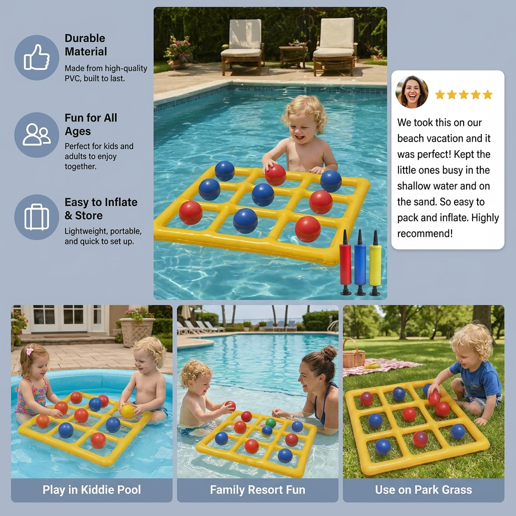 Inflatable Pool Tic-Tac-Toe Game – Water Party Game with Balls & Pump