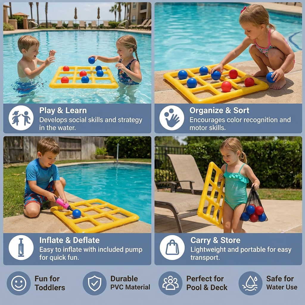 Inflatable Pool Tic-Tac-Toe Game – Water Party Game with Balls & Pump