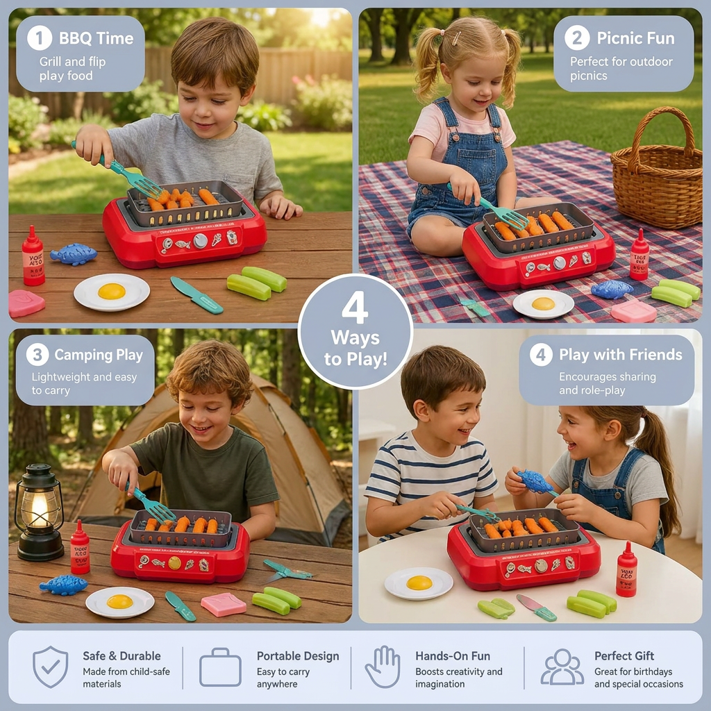 Kids BBQ Grill Playset with Play Food & Accessories