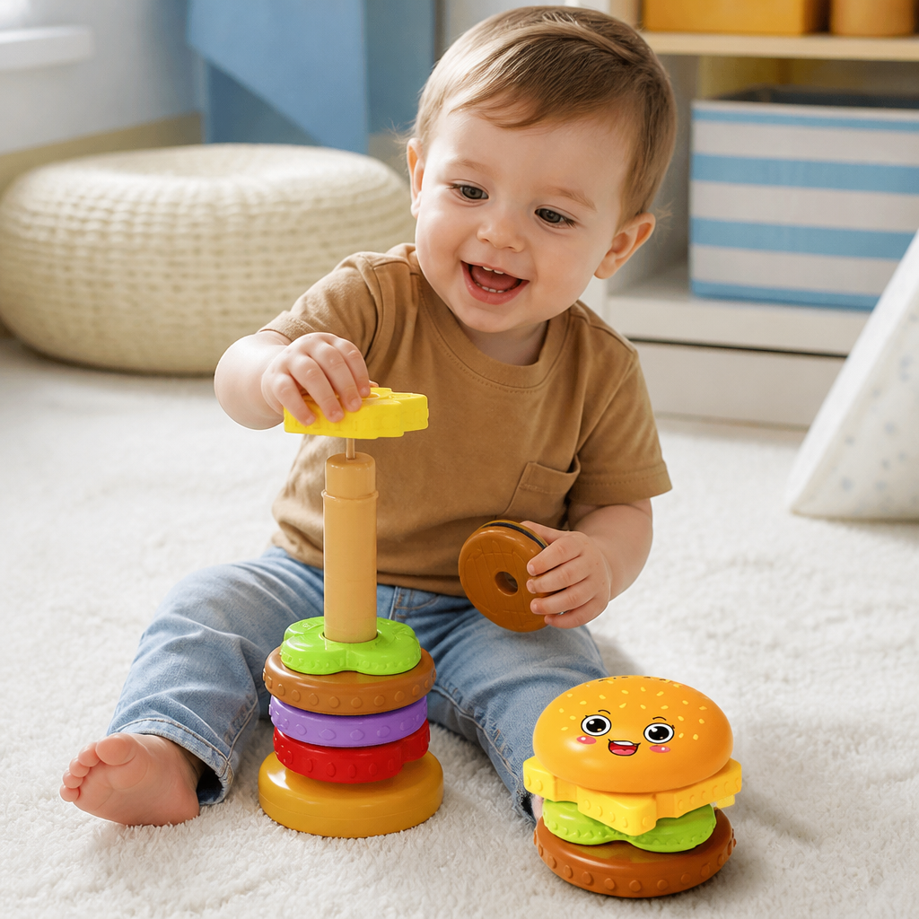 Interactive Rotating Burger Stacking Puzzle