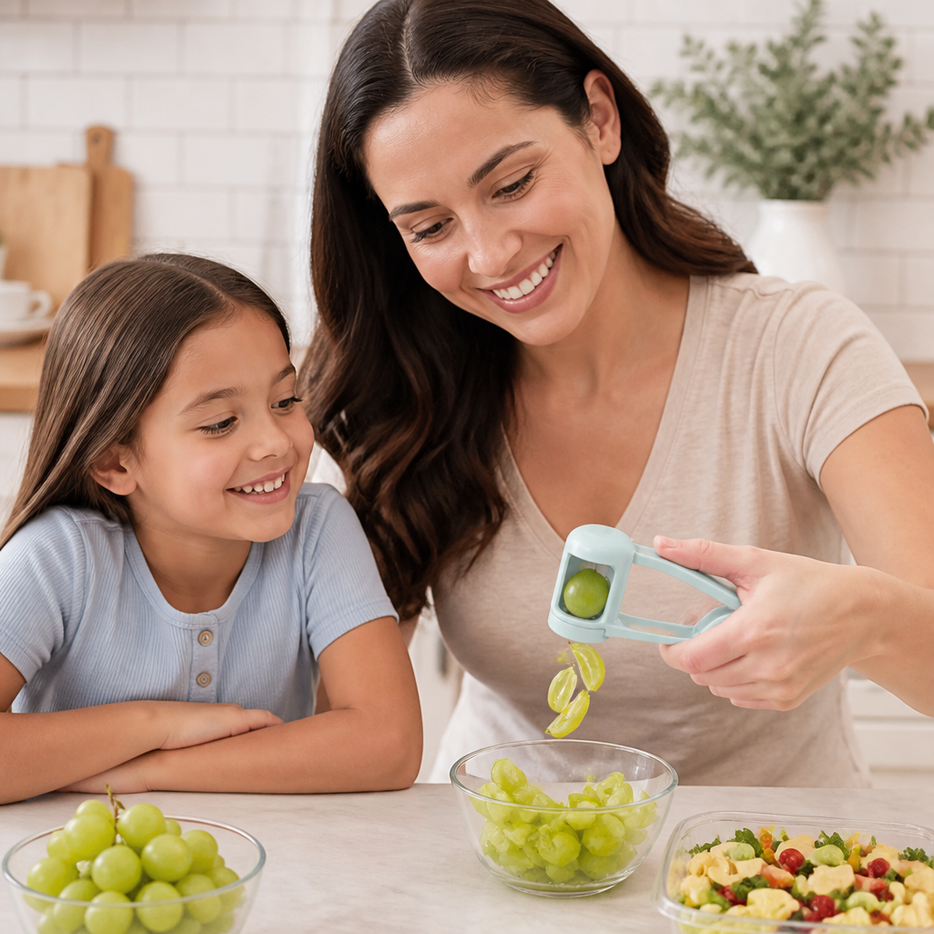 Stainless Steel Grape & Cherry Tomato Cutter – Safe One-Press Quarter Slicer for Toddlers & Kids
