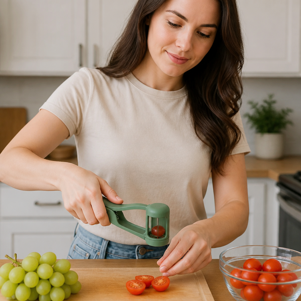 Stainless Steel Grape & Cherry Tomato Cutter – Safe One-Press Quarter Slicer for Toddlers & Kids