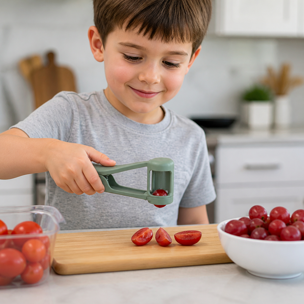 Stainless Steel Grape & Cherry Tomato Cutter – Safe One-Press Quarter Slicer for Toddlers & Kids