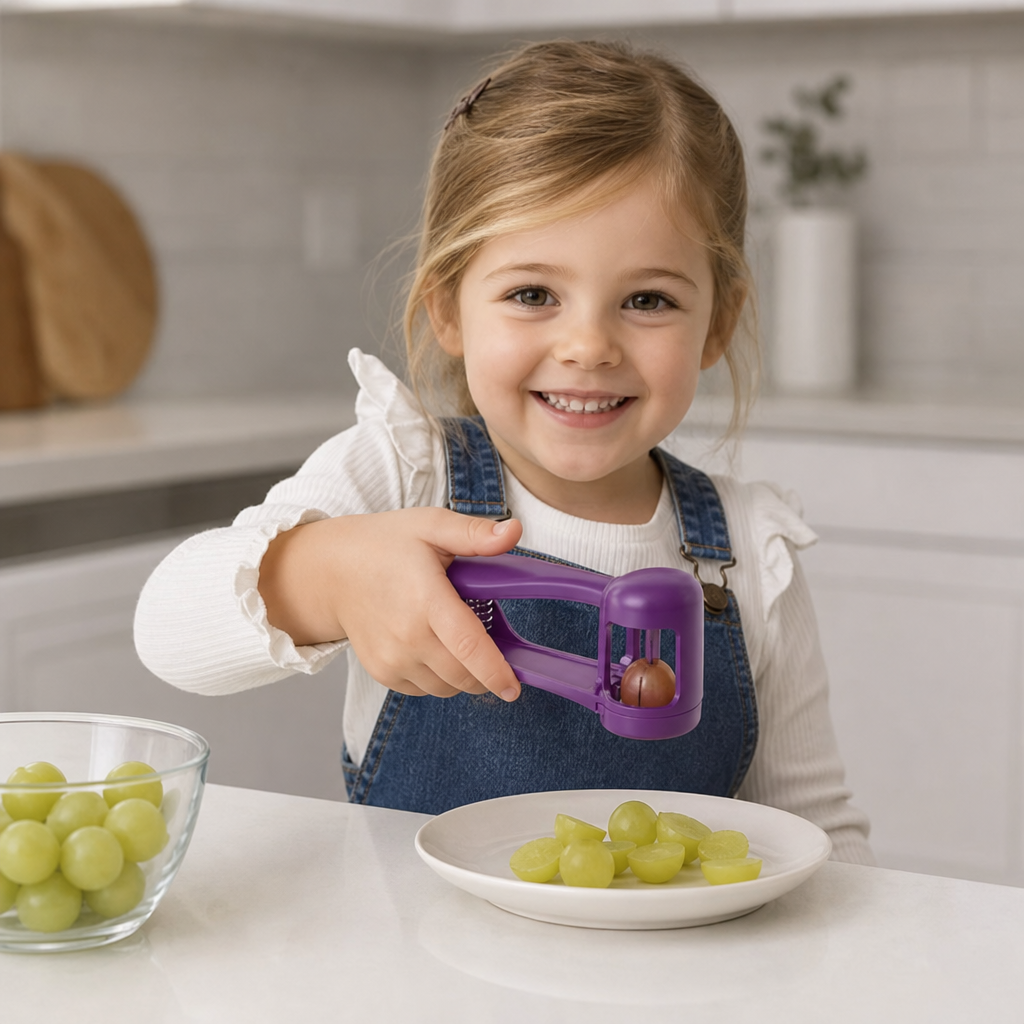 Stainless Steel Grape & Cherry Tomato Cutter – Safe One-Press Quarter Slicer for Toddlers & Kids