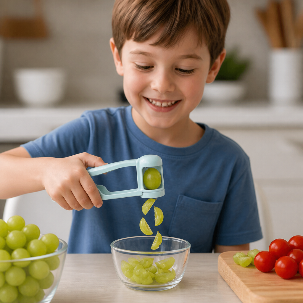 Stainless Steel Grape & Cherry Tomato Cutter – Safe One-Press Quarter Slicer for Toddlers & Kids