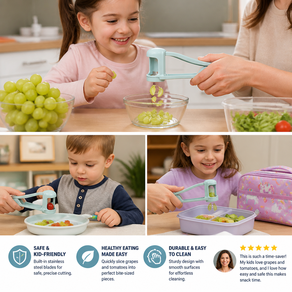 Stainless Steel Grape & Cherry Tomato Cutter – Safe One-Press Quarter Slicer for Toddlers & Kids