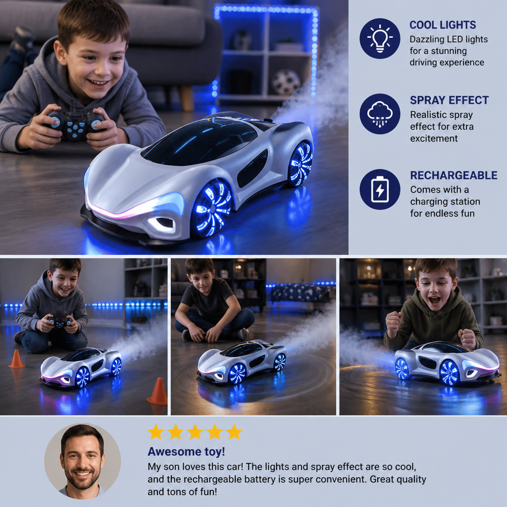 Light-Up RC Drift Car with Spray Effect & Charging Station