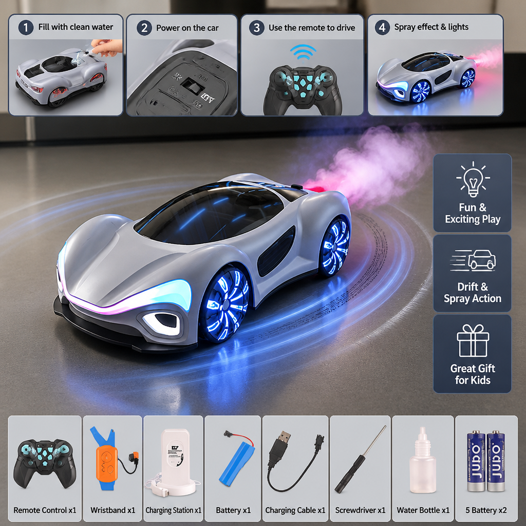 Light-Up RC Drift Car with Spray Effect & Charging Station