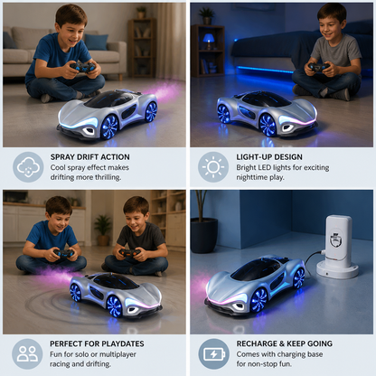 Light-Up RC Drift Car with Spray Effect & Charging Station