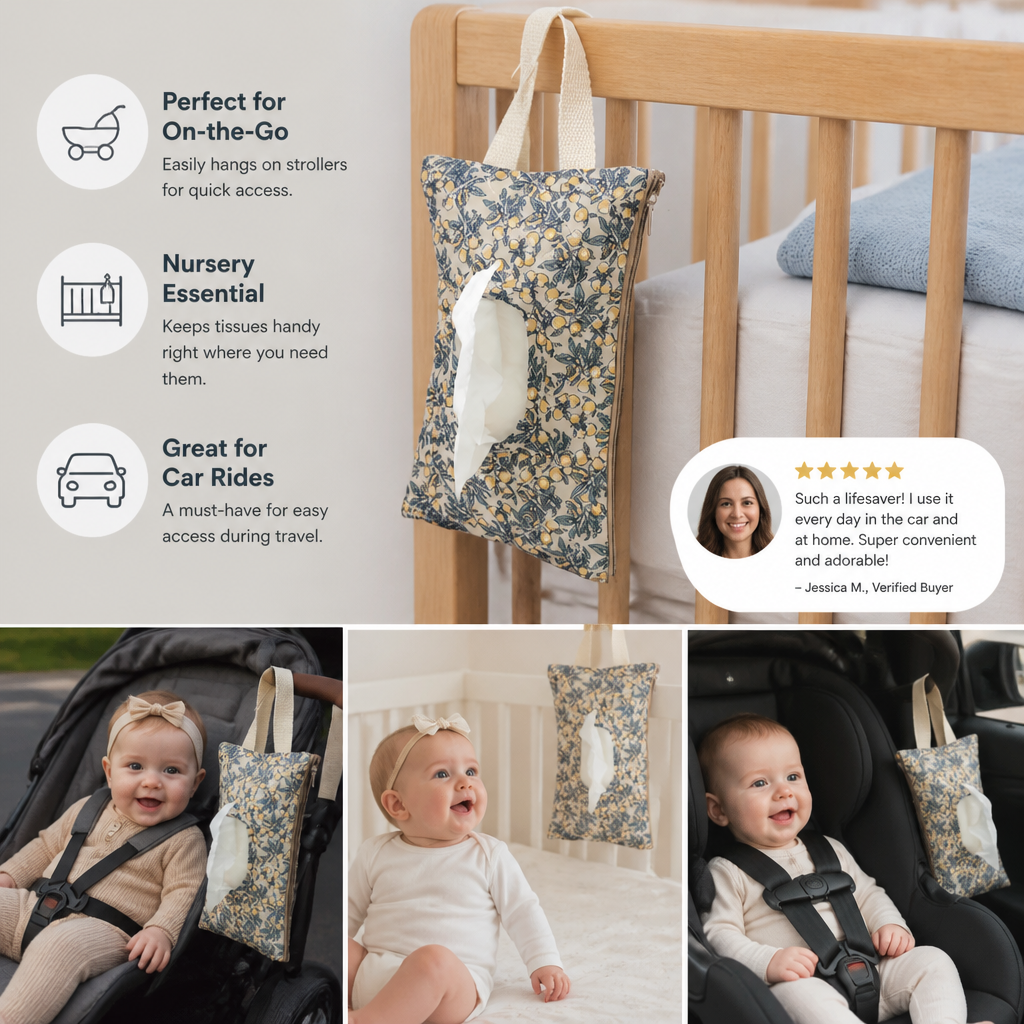 Hanging Tissue Holder for Strollers, Cribs & Cars