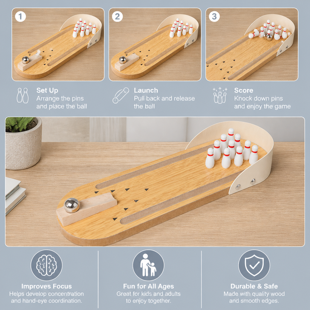 Wooden Mini Bowling Game – Portable Desktop Bowling Set for Kids