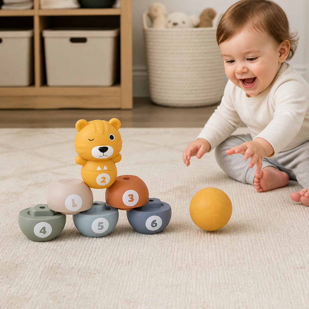 6-in-1 Soft Rubber Animal Bowling & Stacking Game – Montessori Learning Toy for Kids