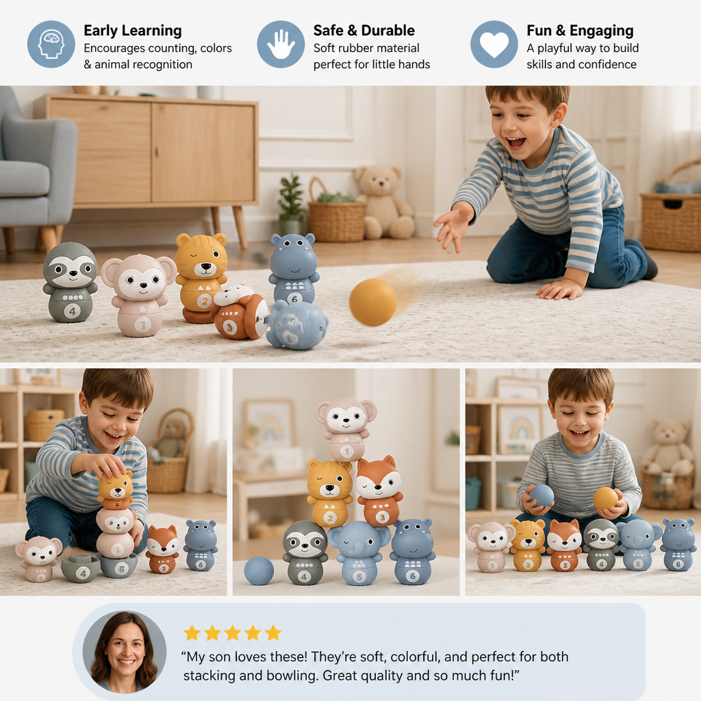 6-in-1 Soft Rubber Animal Bowling & Stacking Game – Montessori Learning Toy for Kids