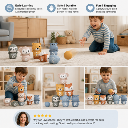 6-in-1 Soft Rubber Animal Bowling & Stacking Game – Montessori Learning Toy for Kids