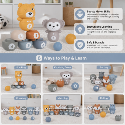 6-in-1 Soft Rubber Animal Bowling & Stacking Game – Montessori Learning Toy for Kids
