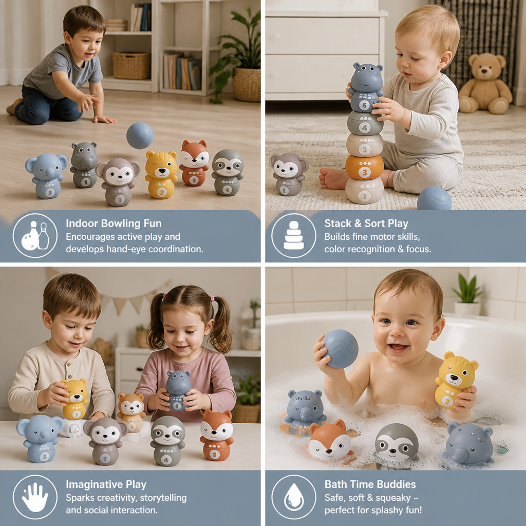 6-in-1 Soft Rubber Animal Bowling & Stacking Game – Montessori Learning Toy for Kids