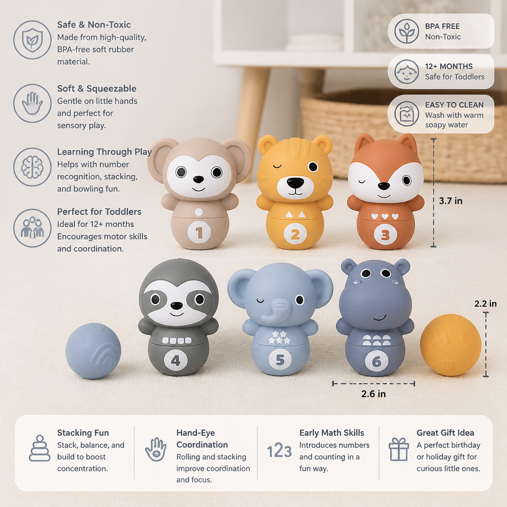 6-in-1 Soft Rubber Animal Bowling & Stacking Game – Montessori Learning Toy for Kids