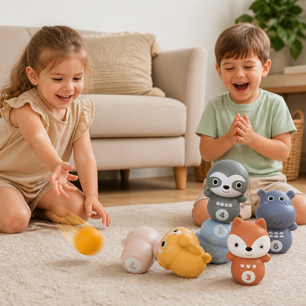 6-in-1 Soft Rubber Animal Bowling & Stacking Game – Montessori Learning Toy for Kids