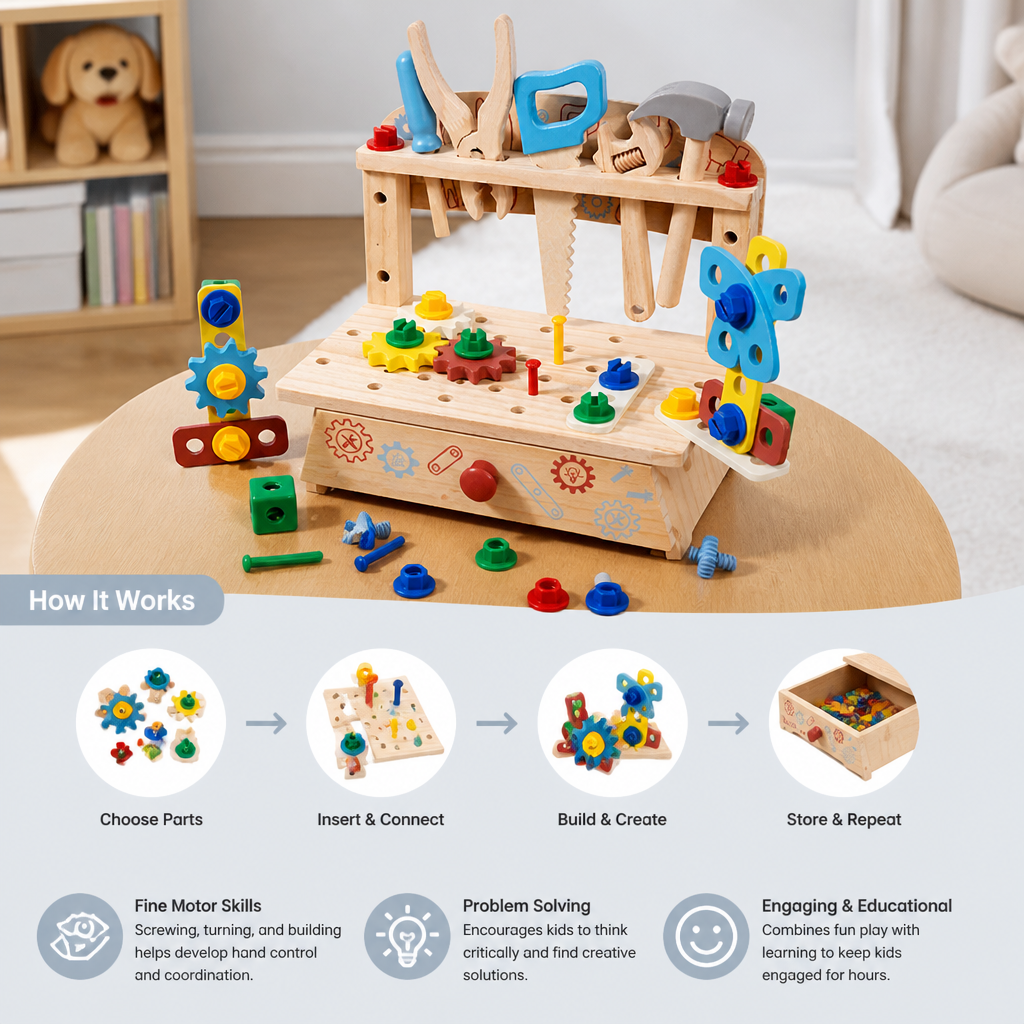 Wooden Kids Workbench & Tool Set – DIY Construction & Fine Motor Skills Learning Toy