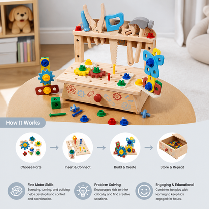 Wooden Kids Workbench & Tool Set – DIY Construction & Fine Motor Skills Learning Toy