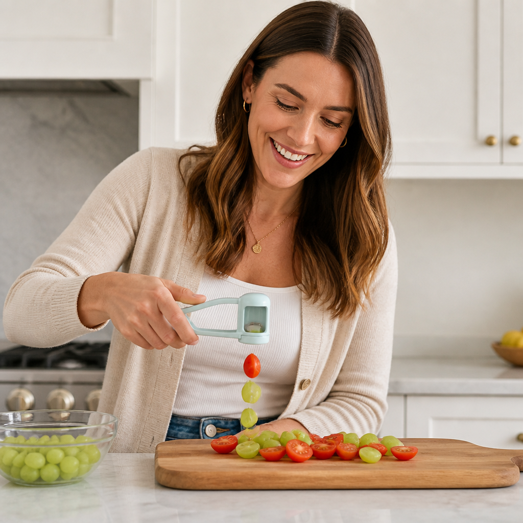 Stainless Steel Grape & Cherry Tomato Cutter – Safe One-Press Quarter Slicer for Toddlers & Kids