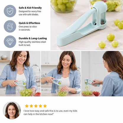 Stainless Steel Grape & Cherry Tomato Cutter – Safe One-Press Quarter Slicer for Toddlers & Kids