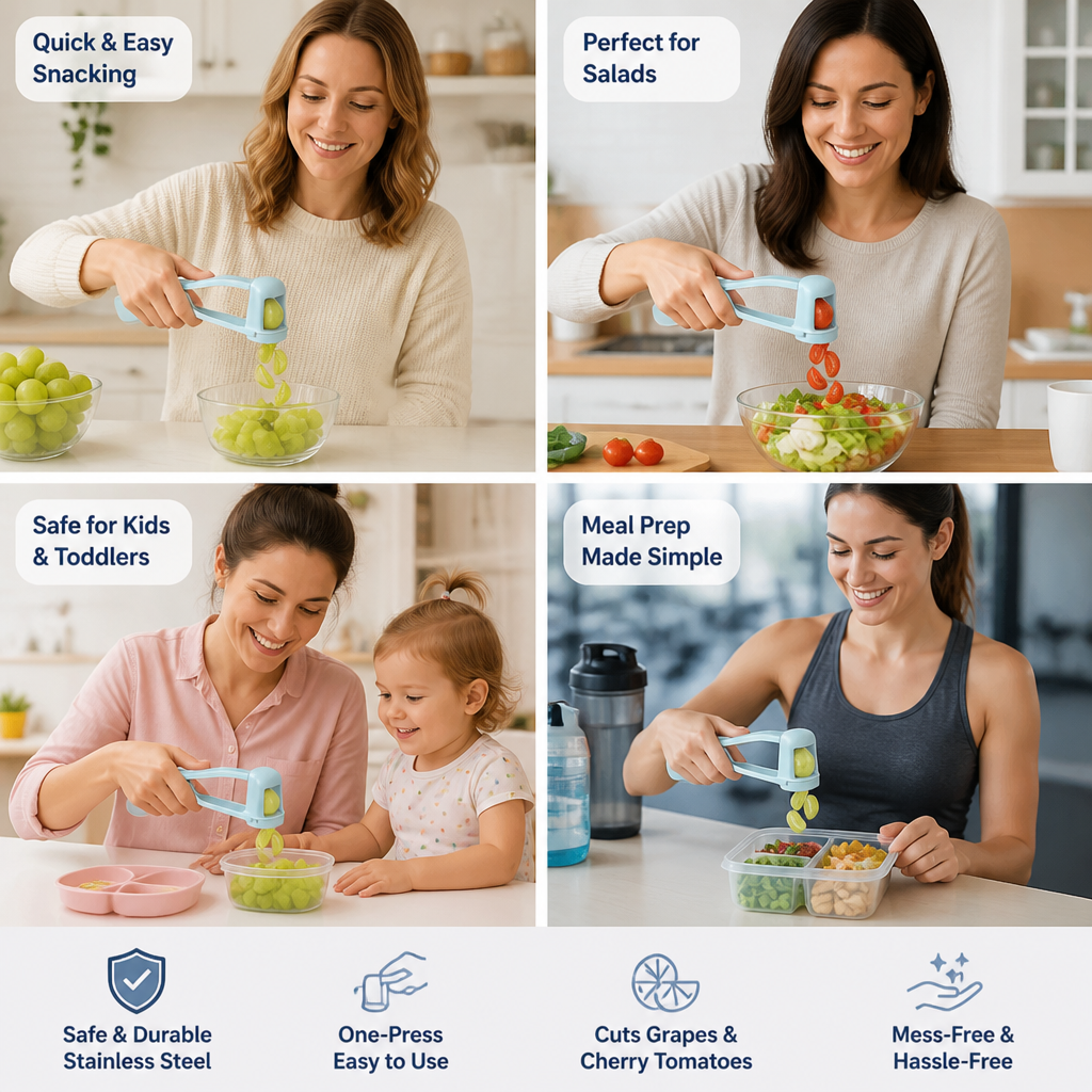 Stainless Steel Grape & Cherry Tomato Cutter – Safe One-Press Quarter Slicer for Toddlers & Kids