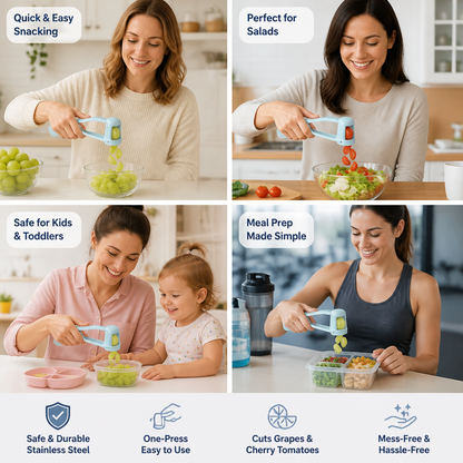 Stainless Steel Grape & Cherry Tomato Cutter – Safe One-Press Quarter Slicer for Toddlers & Kids