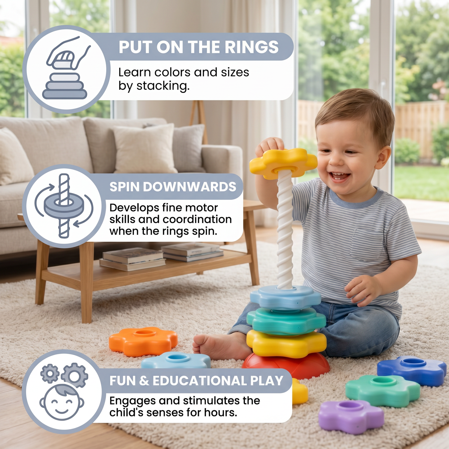 Rainbow spinning and colour tower toy