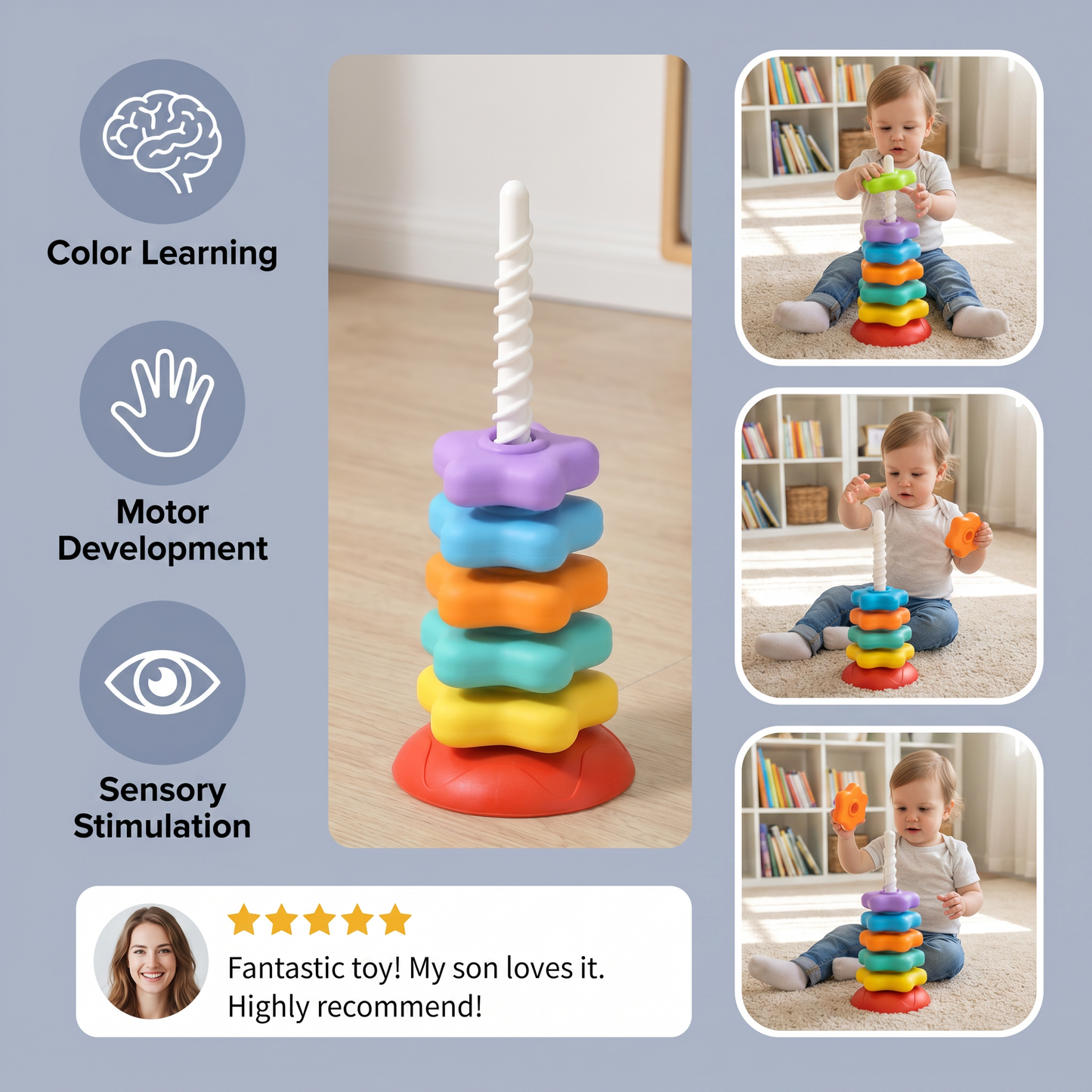 Rainbow spinning and colour tower toy