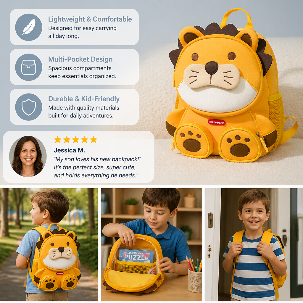 Kids Cartoon Animal Backpack – Lightweight Multi-Pocket School Bag