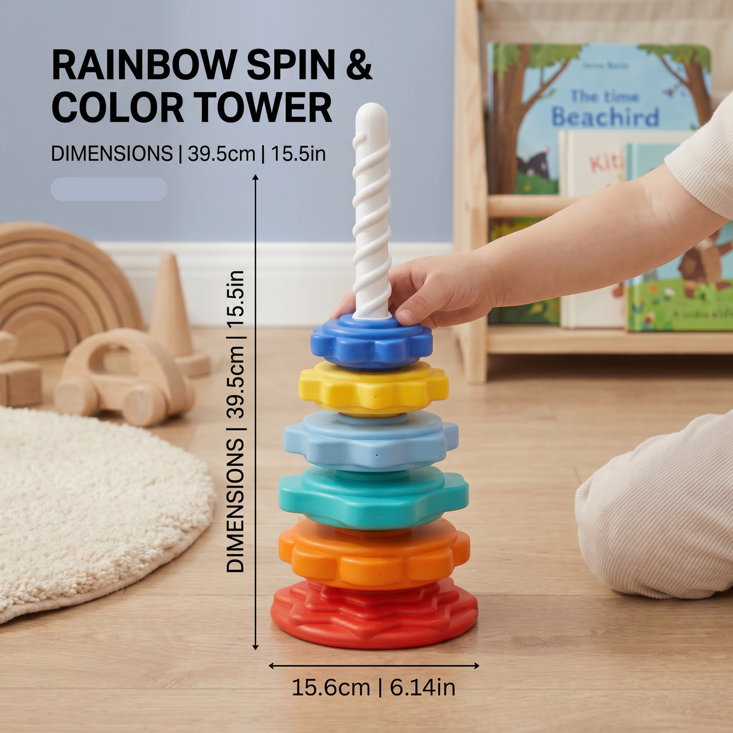 Rainbow spinning and colour tower toy