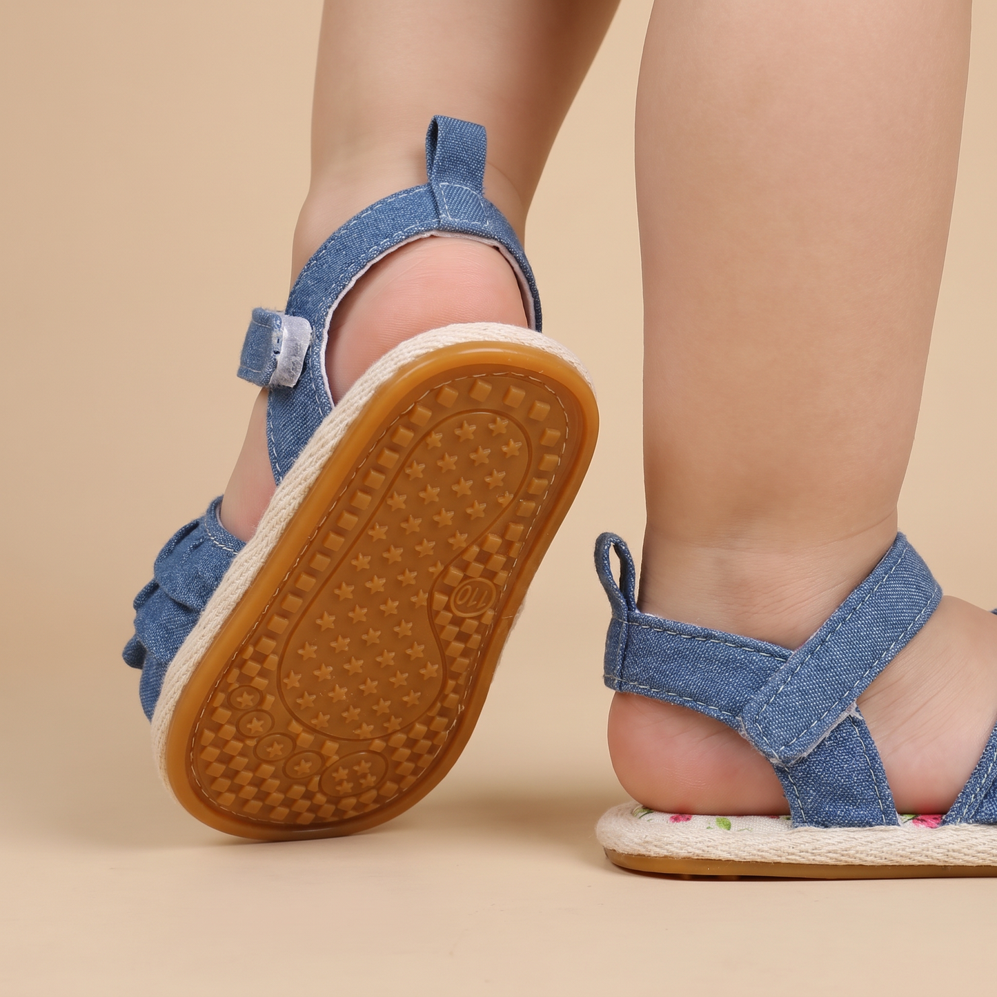 Denim Ruffle Sandals Floral