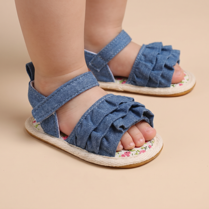 Denim Ruffle Sandals Floral