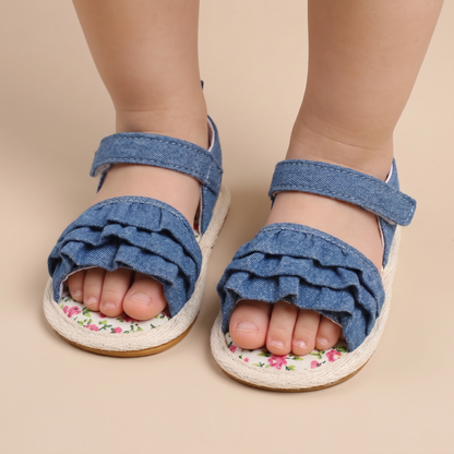 Denim Ruffle Sandals Floral