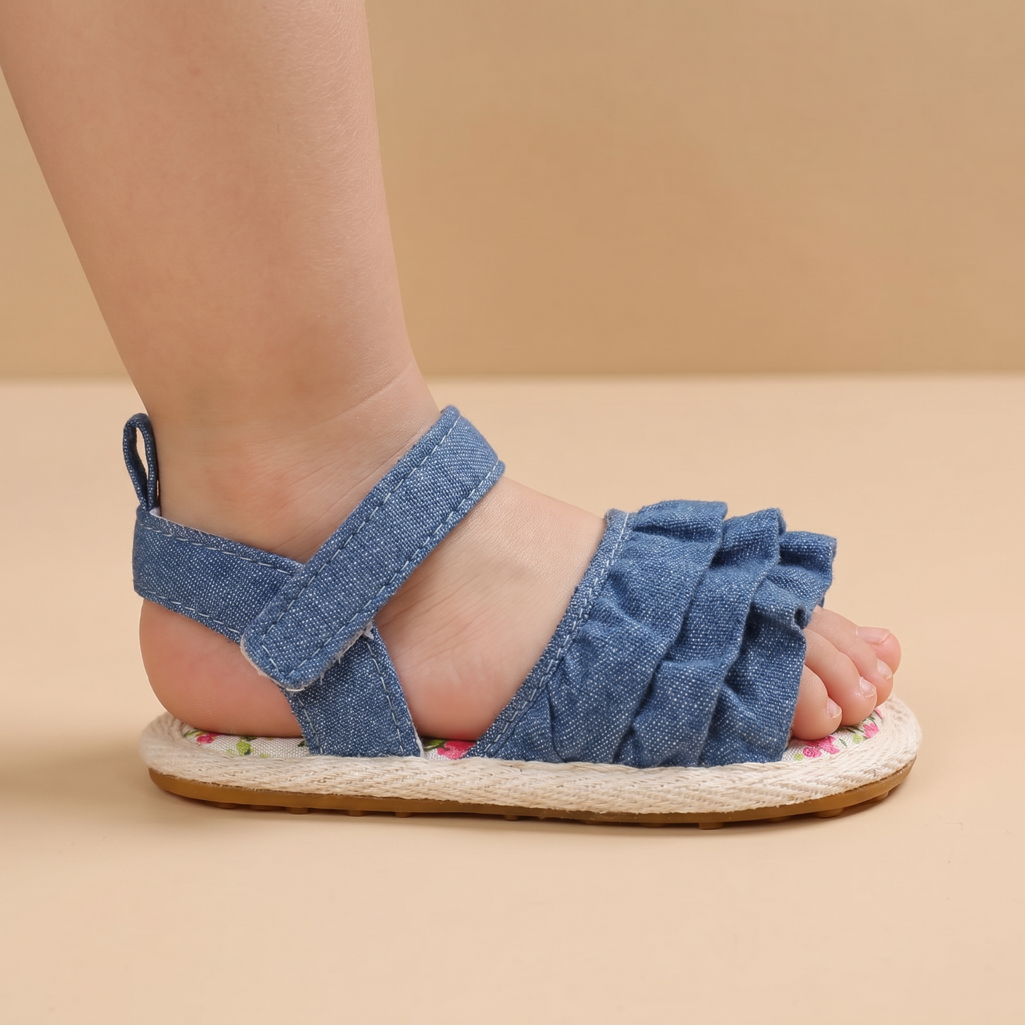 Denim Ruffle Sandals Floral
