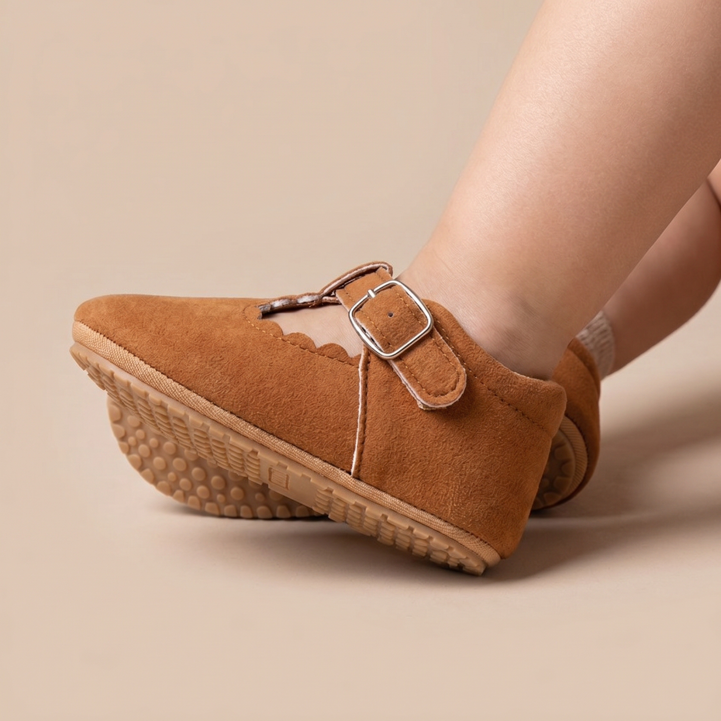Scallop T-Strap Buckle Shoes